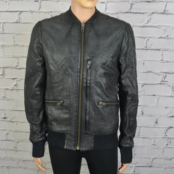 Mens All Saints Leather Bomber Jacket Motorcycle cafe racer Jacket size 43